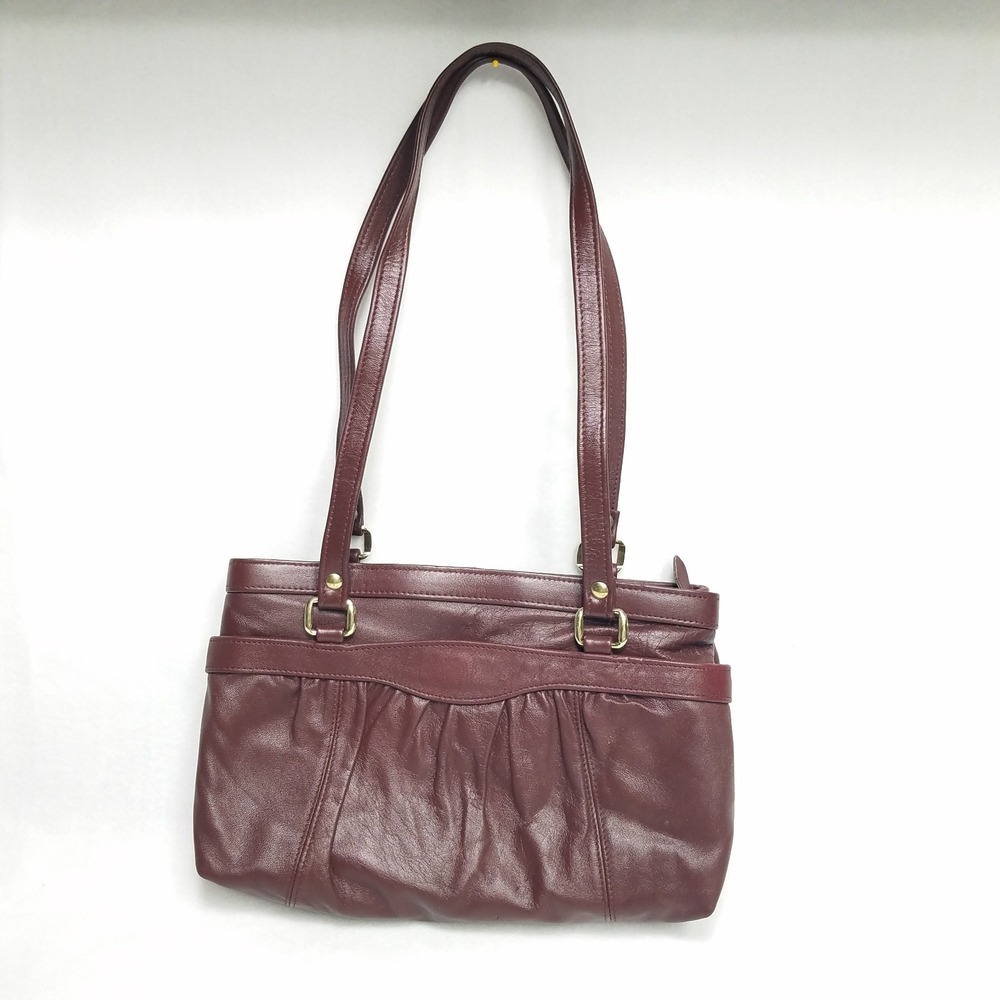 Vtg Wilsons Leather Shoulder Bag Burgundy Maroon Ruched Pleated Gold Hardware